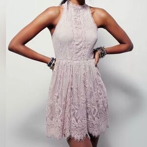Free People Lilac Ash Verushka Mock Neck Lace Sleeveless Mini Dress